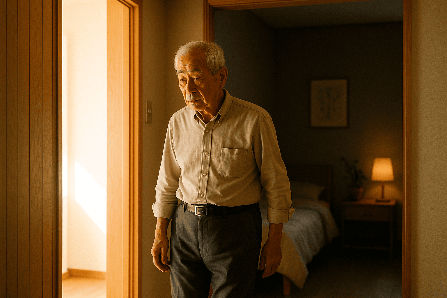 Older man walking from a softly lit bedroom with a warm bedside lamp into a bright hallway.