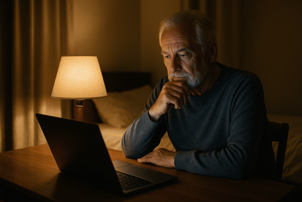 Older man researching bedroom lighting on a laptop beside a warm bedside lamp