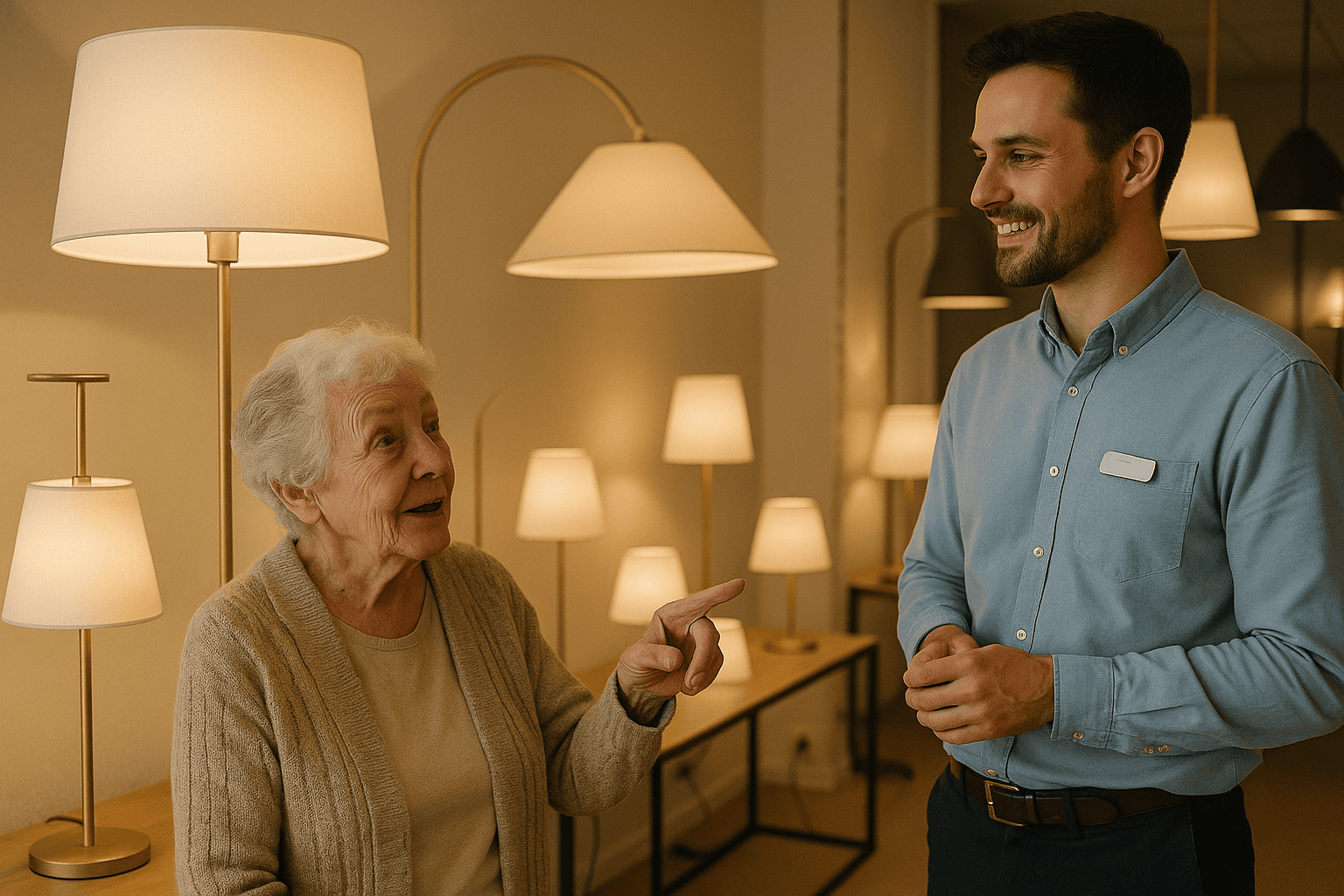 Elderly woman speaking with a store associate while shopping for lamps in a lighting showroom