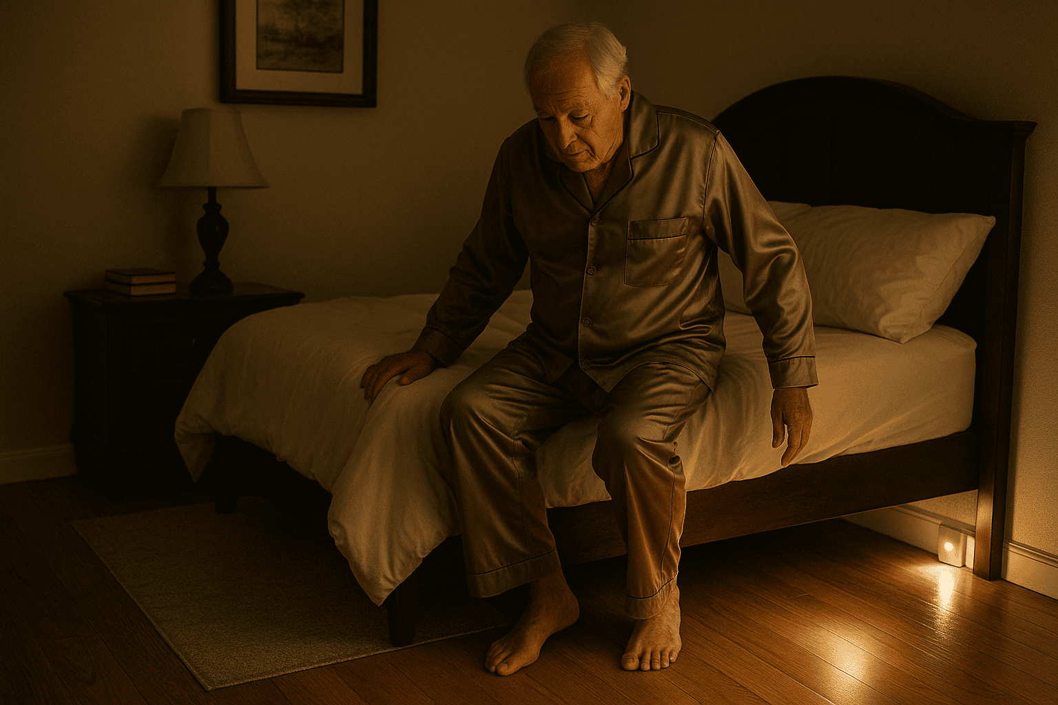 Older man getting out of bed with a floor-level motion sensor light switching on