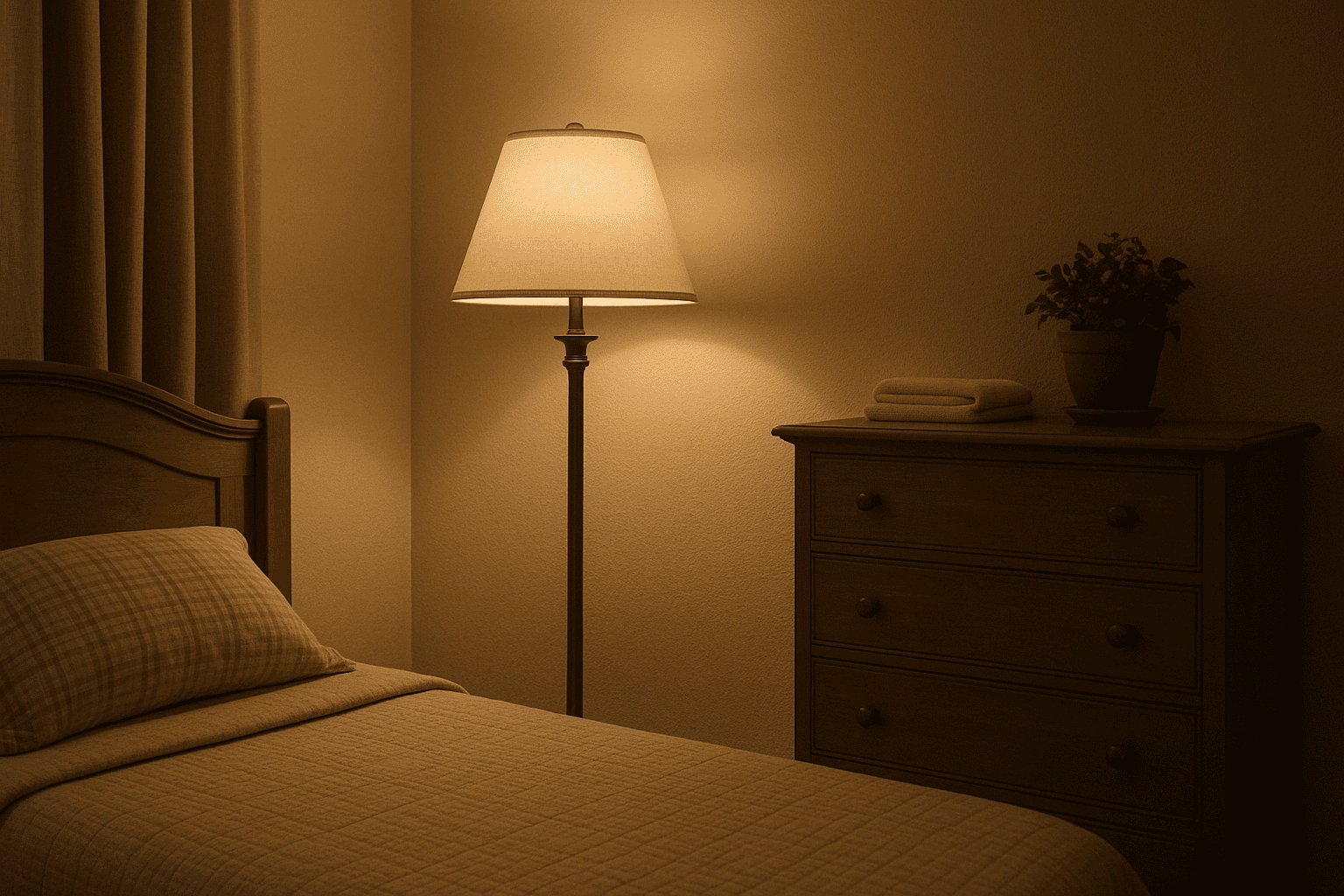 Senior bedroom with a warm floor lamp beside a dresser and bed