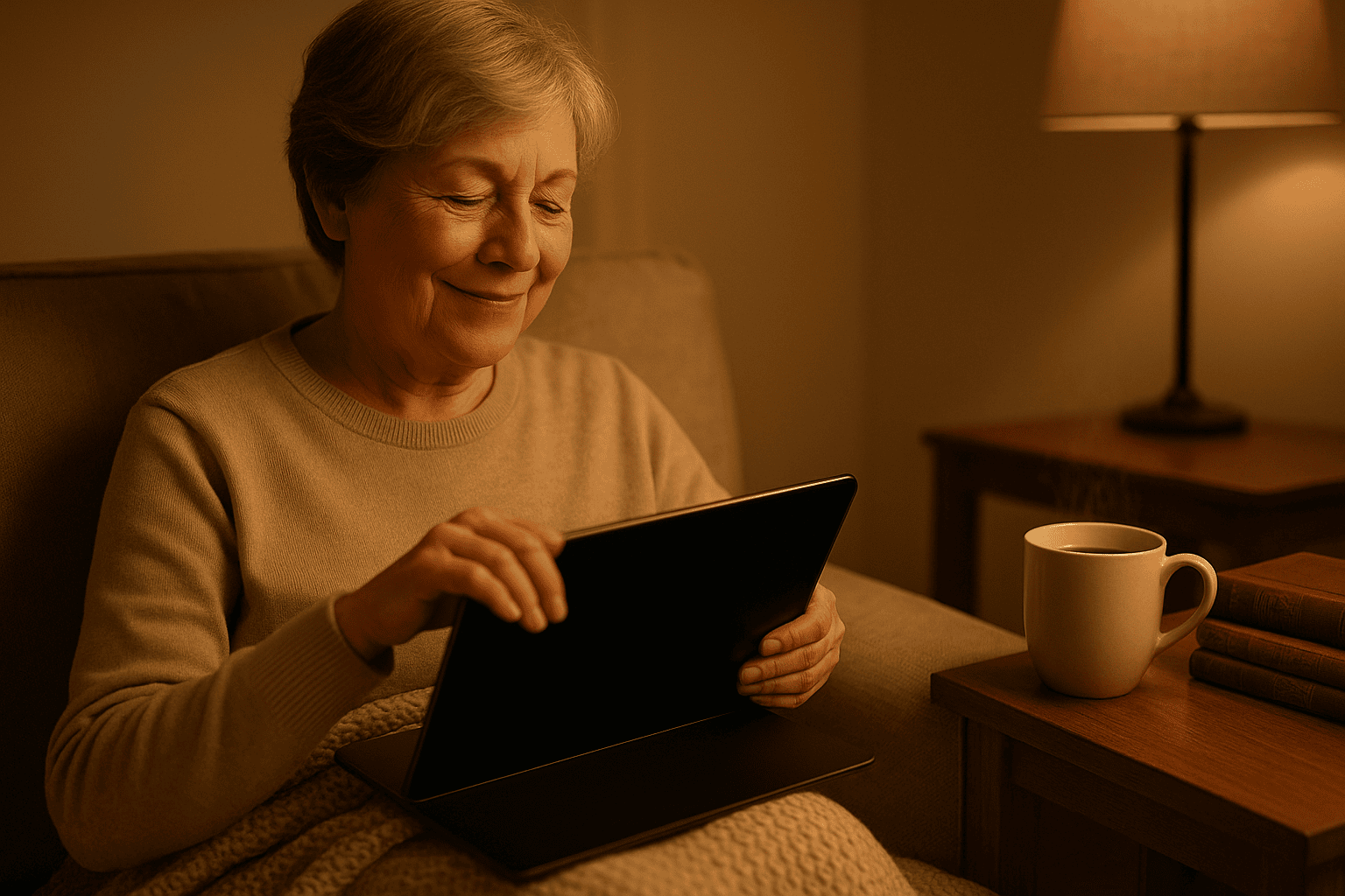 Senior woman reading napping FAQs on a tablet in a cozy, softly lit room.