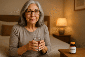 Senior woman holding a glass of water, melatonin bottle on nightstand in softly lit bedroom.