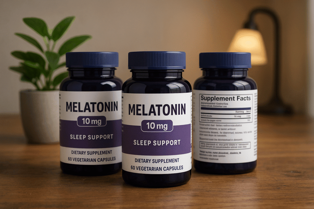 Assorted melatonin bottles on wooden table.