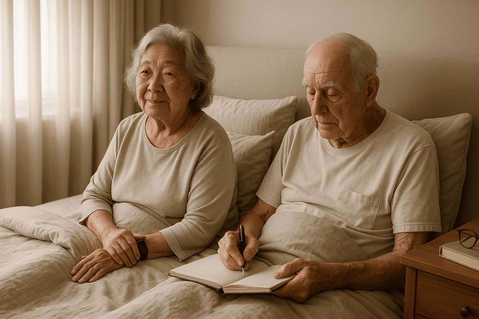Older couple sitting on a bed in a softly lit room, the woman smiling gently while the man rests his eyes, both appearing relaxed and peaceful.