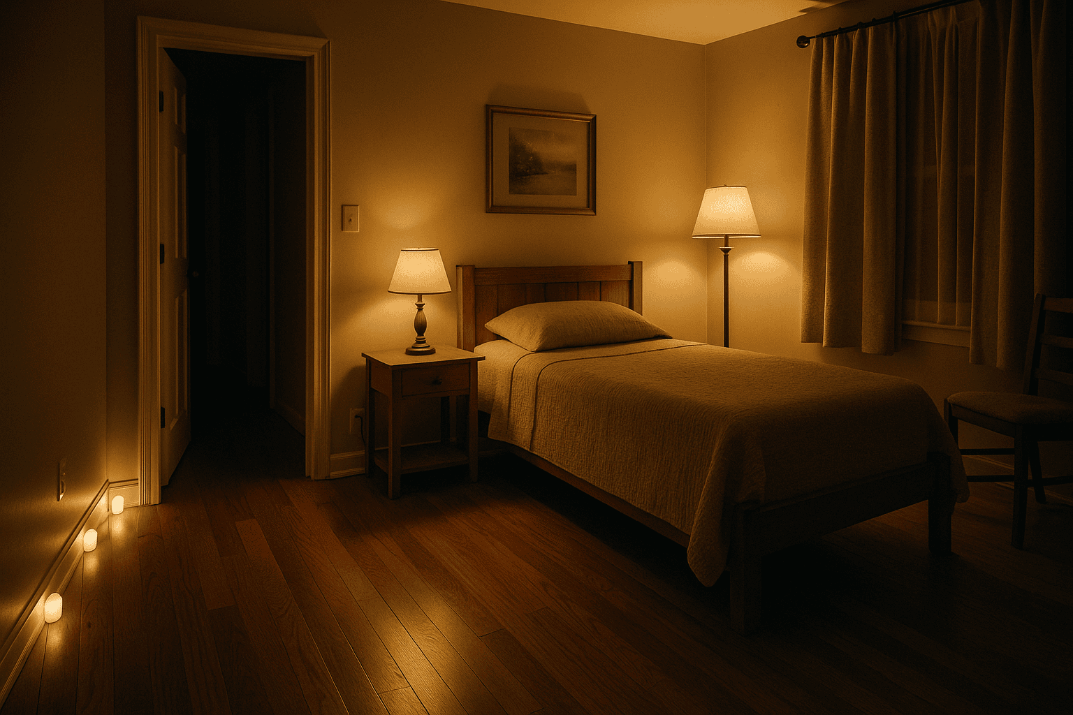 Senior bedroom with bedside lamp, floor lamp, and floor-level night lights guiding the path to the bathroom