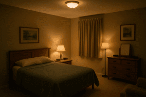 Warmly lit senior bedroom with layered lighting from ceiling, bedside, and floor lamps