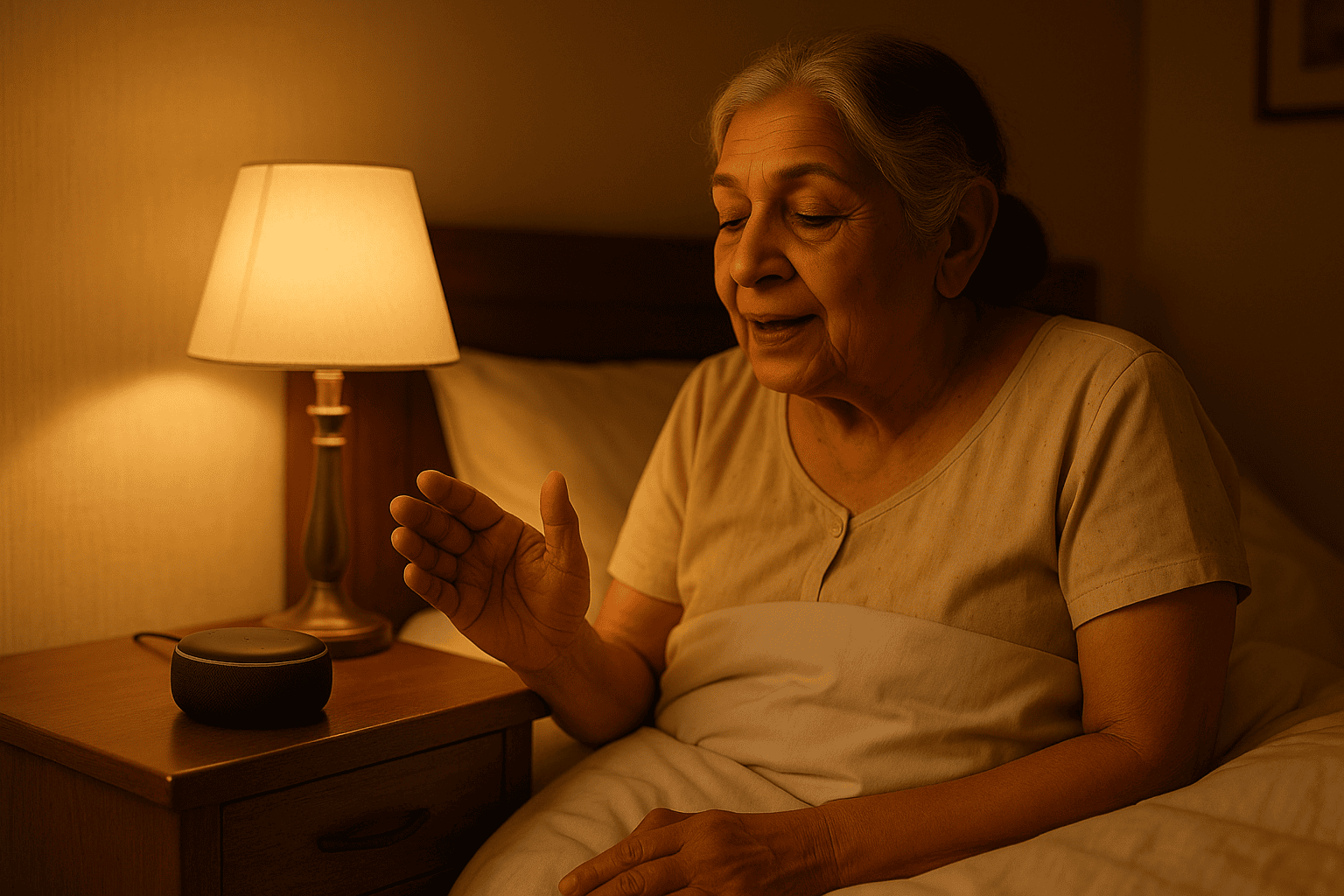 Older woman in bed using a voice assistant to control her bedside lamp