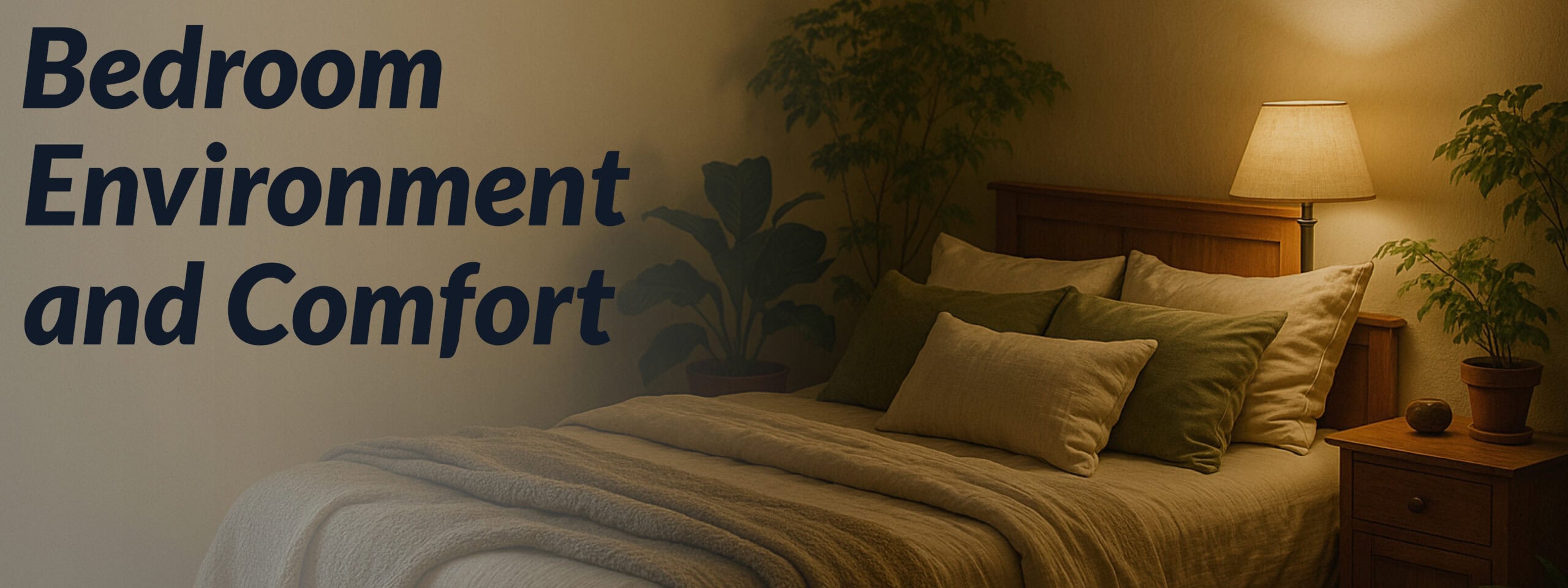 Cozy bedroom with layered bedding, warm bedside lighting, and potted plants, creating a relaxing sleep environment.