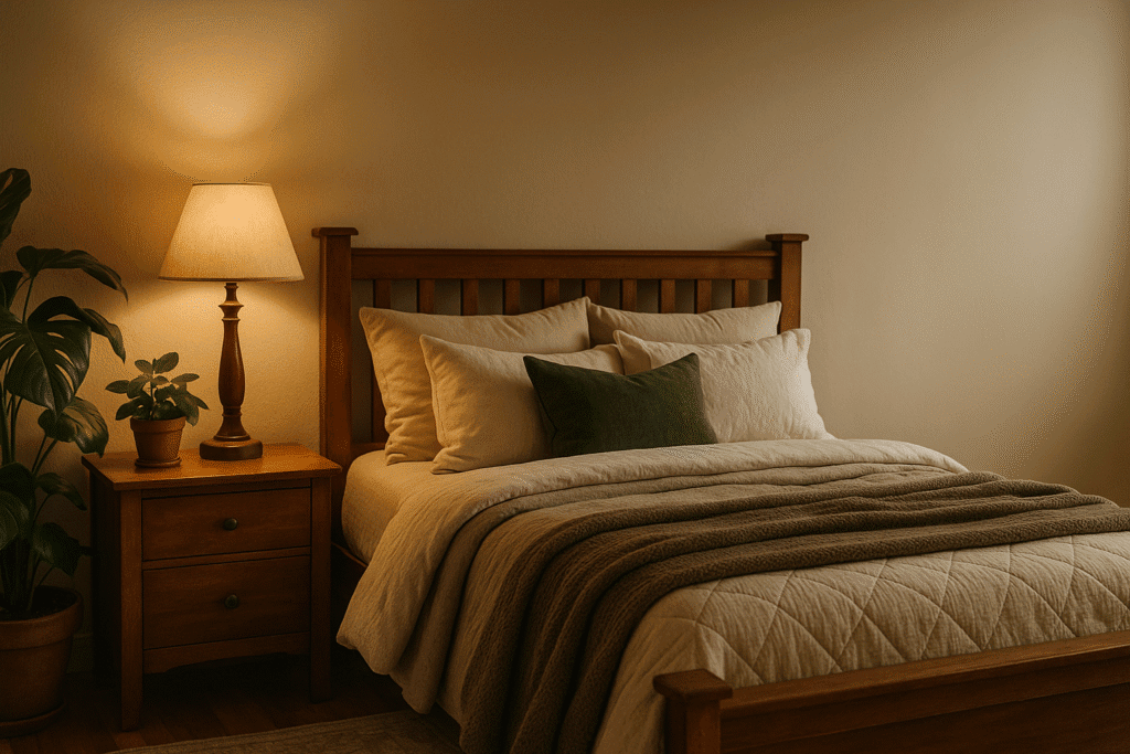 Cozy, well-lit bedroom with layered bedding and a mattress topper for added comfort