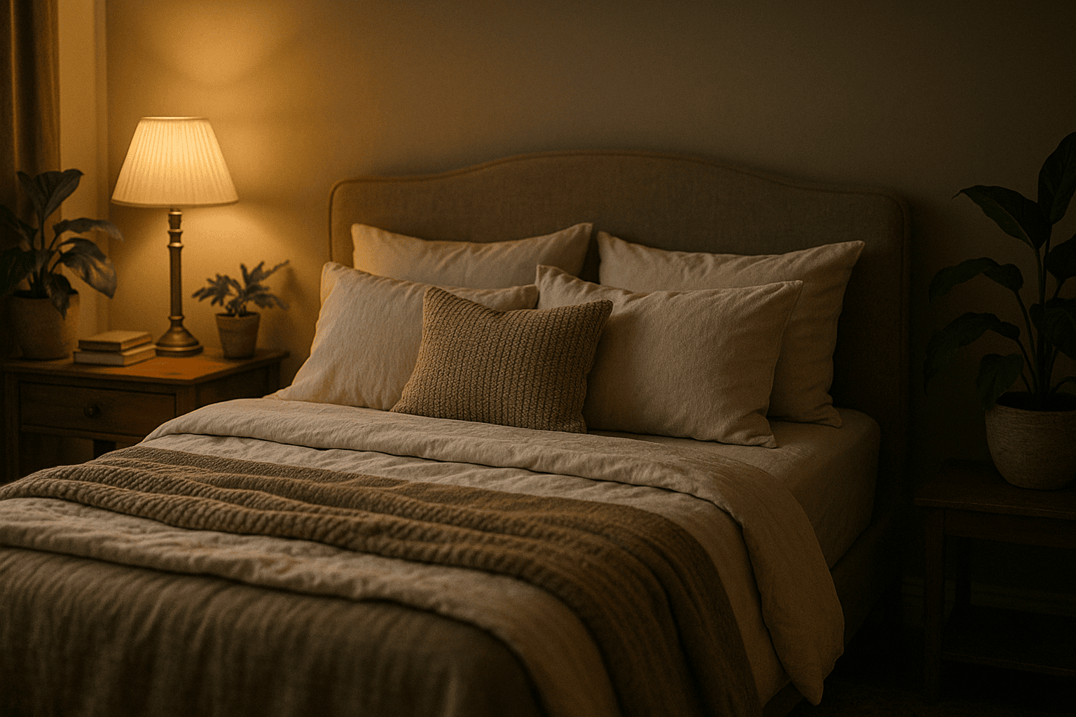 Cozy, softly lit bedroom with a neatly made bed, beige headboard, decorative pillows, and a bedside lamp casting warm light.