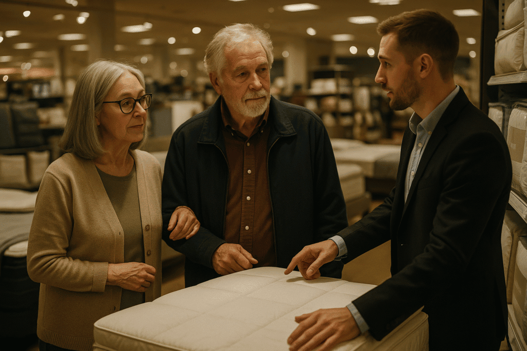 Older couple speaking with a salesperson while examining a mattress topper in a store