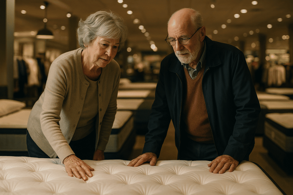 Older couple testing a mattress topper in a store for comfort and support