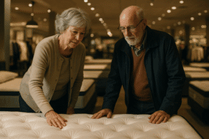 Older couple testing a mattress topper in a store for comfort and support