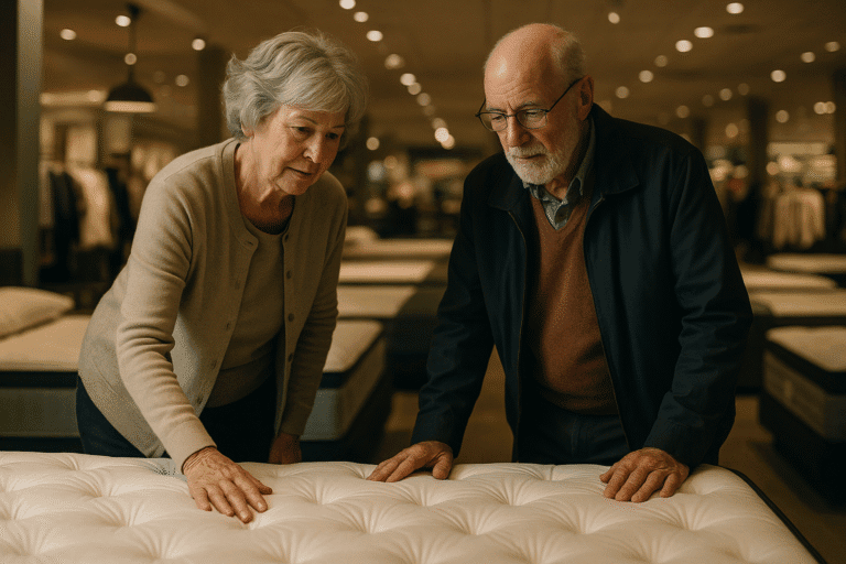 Older couple testing a mattress topper in a store for comfort and support