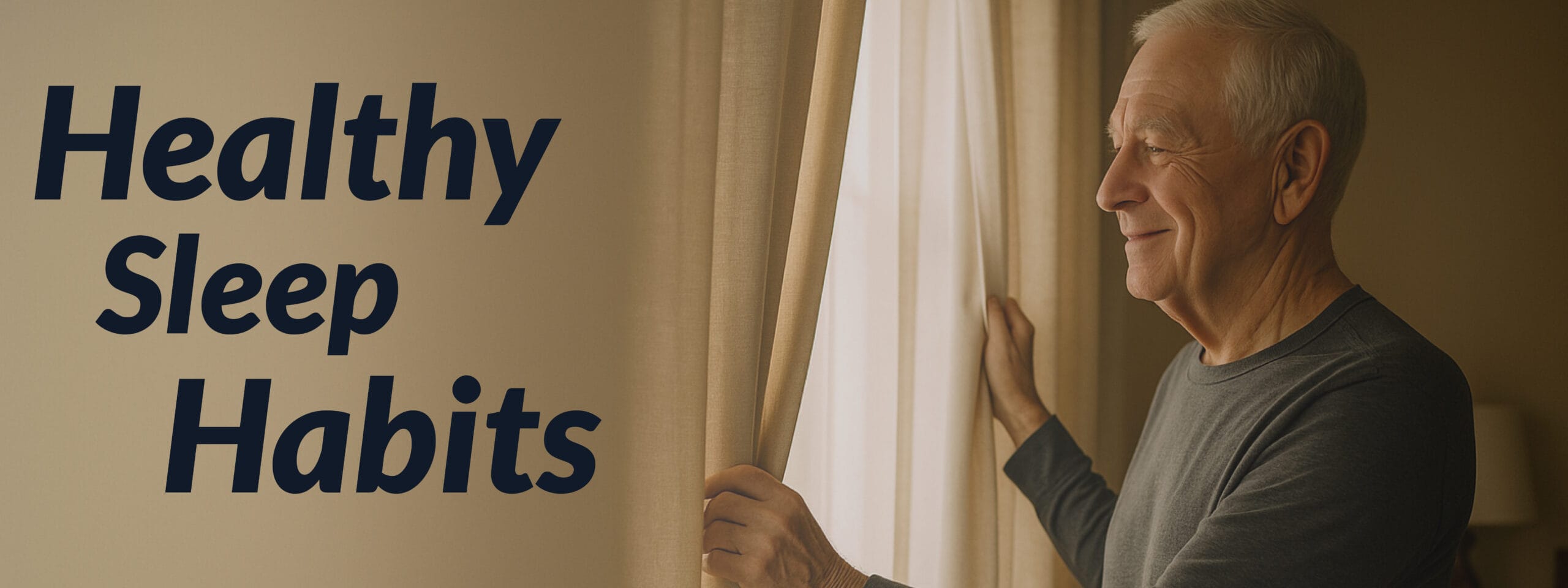 Older man smiling as he opens bedroom curtains in the morning, symbolizing healthy sleep habits and a well-rested start to the day.