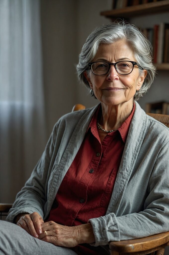 June Emerson, senior wellness expert, smiling warmly while seated in a cozy home setting.