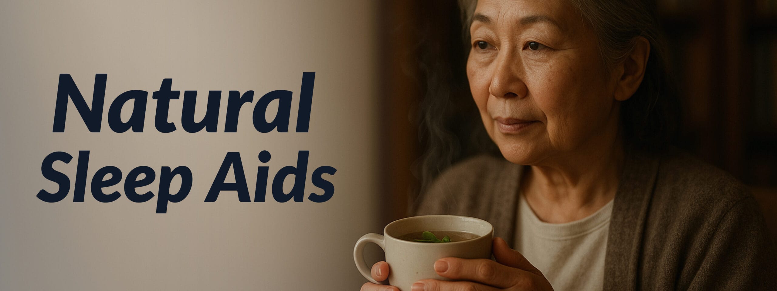 Older woman relaxing with a cup of herbal tea in the evening, wrapped in a blanket, symbolizing natural sleep aids.