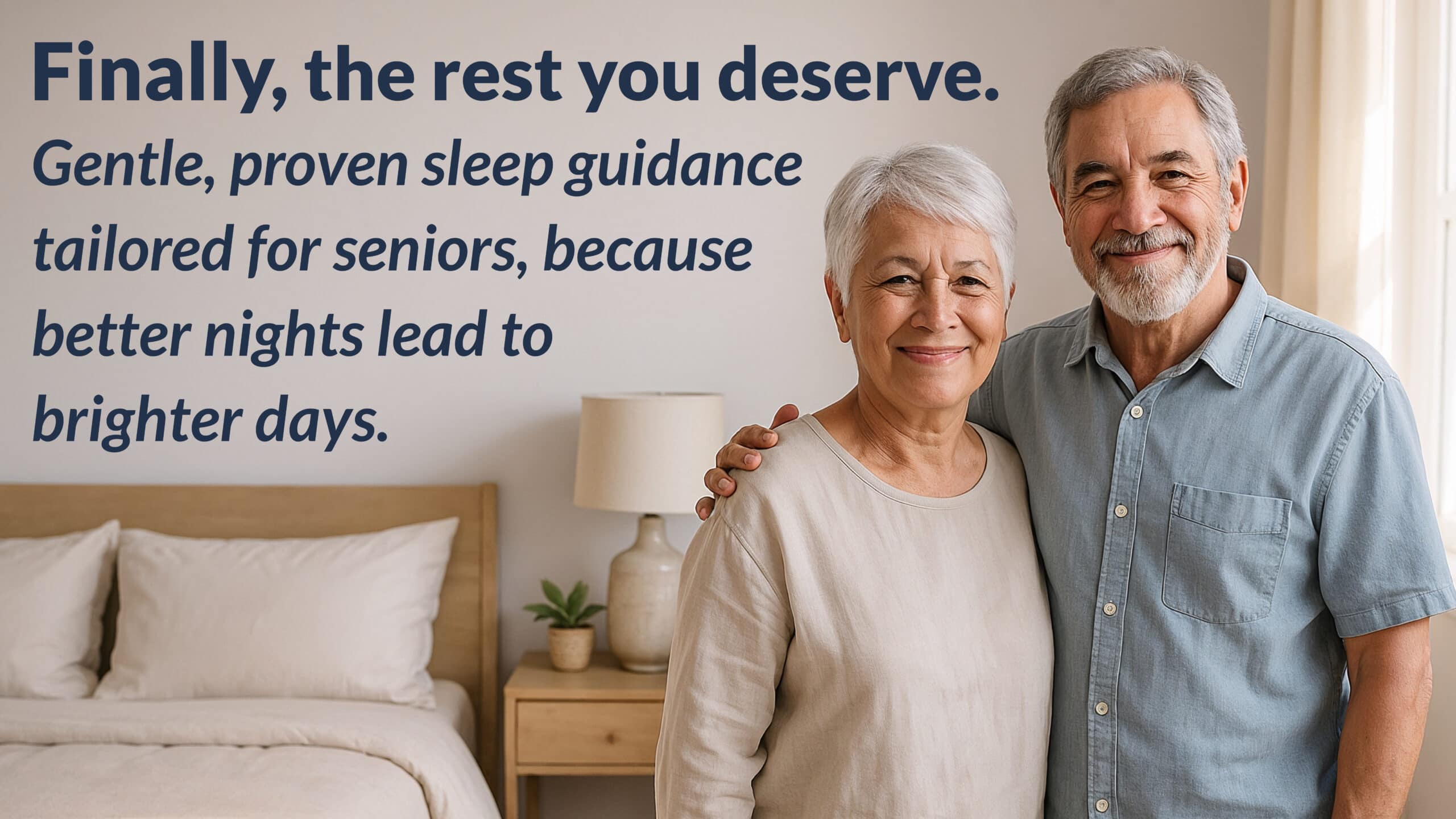 Smiling senior couple standing in a bright, cozy bedroom with headline text about better sleep guidance for older adults.