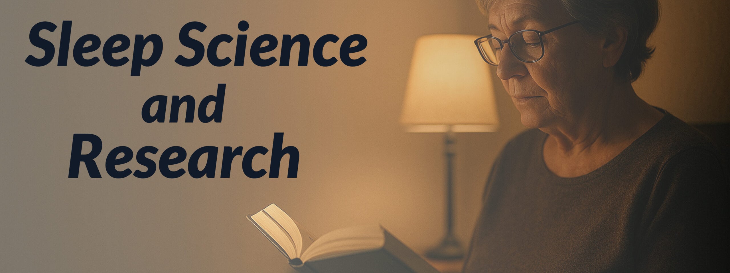 Older woman reading a book by warm lamplight, representing sleep science and research.