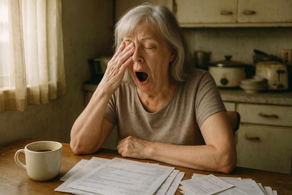 Senior woman yawning at a kitchen table, illustrating trouble sleeping in older adults.