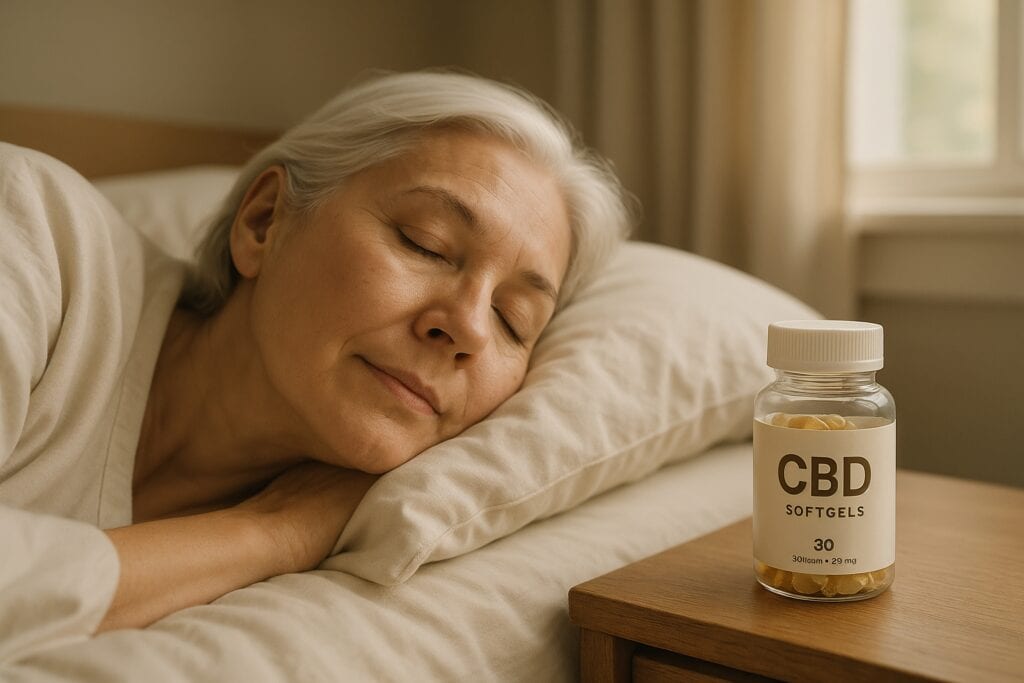 Older woman peacefully sleeping in bed with a bottle of CBD softgels on the nightstand.
