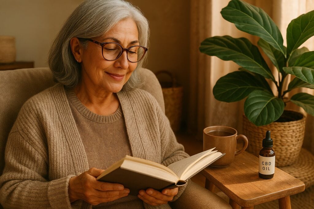 Older woman with gray hair and glasses reading a book in a cozy living room, with a bottle of CBD oil on the side table.