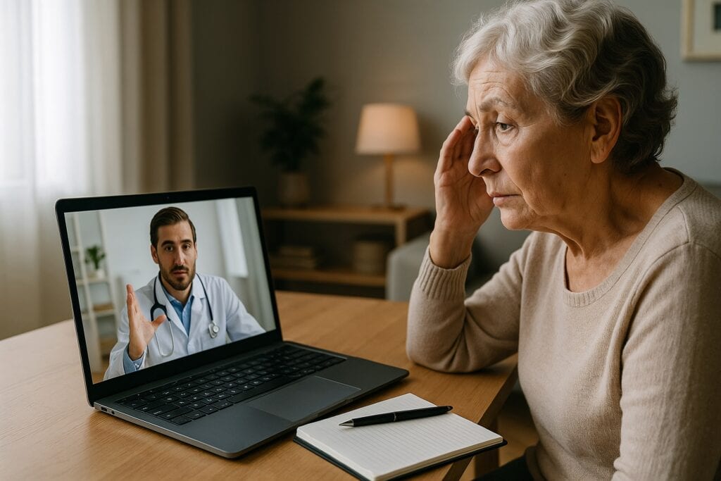 Older woman consulting with doctor via video call on laptop