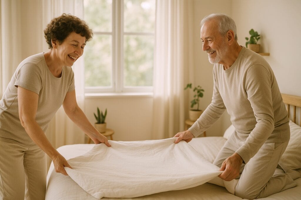 Senior couple making the bed together in a bright, cozy bedroom
