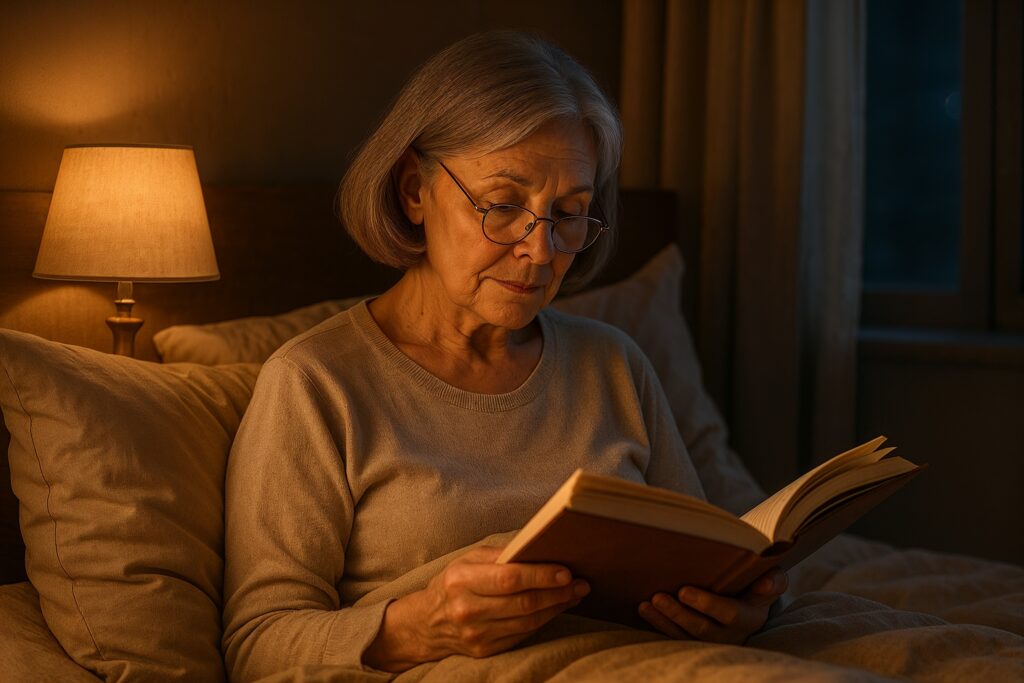 Older woman reading a book in bed under warm evening lighting