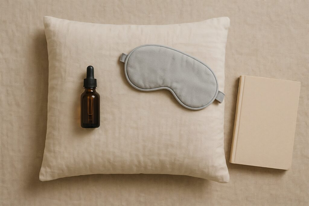 A linen pillow, gray sleep mask, unbranded CBD oil bottle, and closed book arranged neatly on a bed.