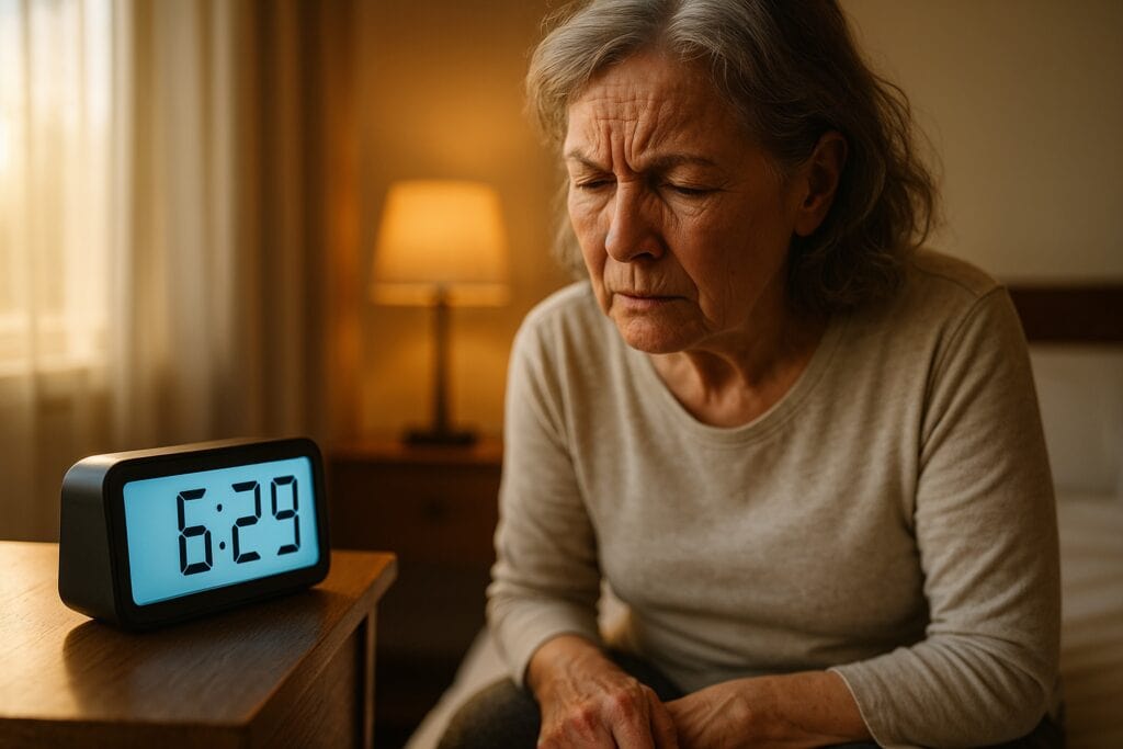 Older woman waking up early and looking tired beside a digital clock showing 6:29 a.m.
