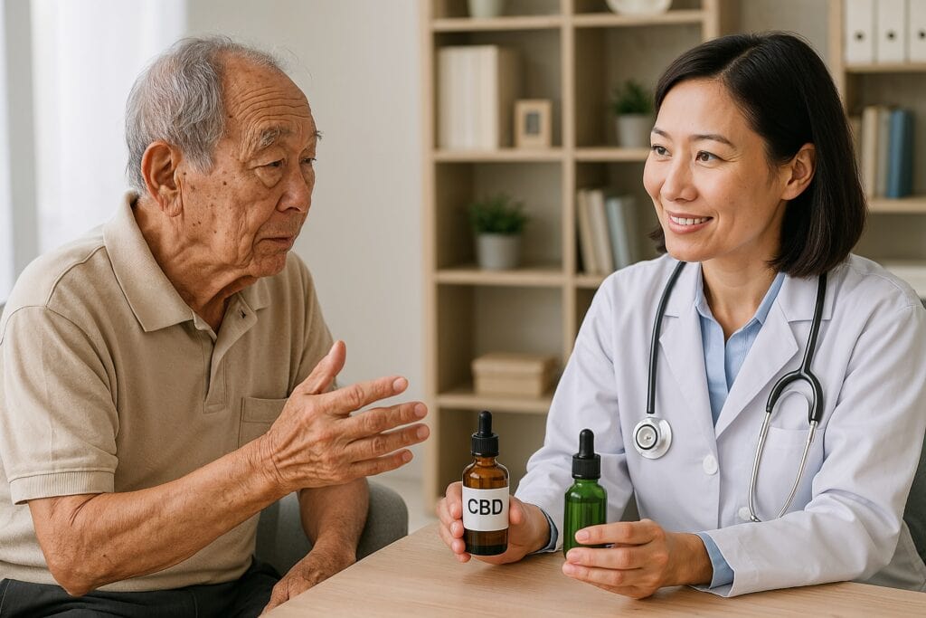 Older man discussing CBD oil options with a female doctor in a medical office setting.