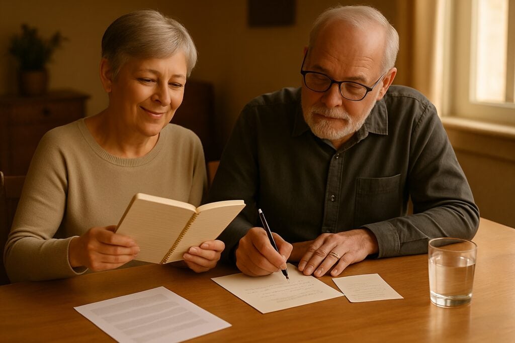 Senior couple reviewing medical notes and sleep health information together at home.