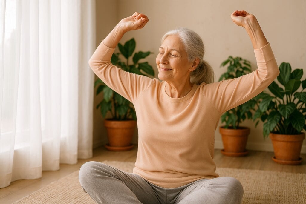 Senior woman stretching near sunny window in morning.