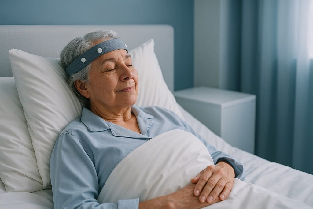 Senior woman in her early 70s resting in a modern sleep clinic bed, wearing a comfortable headband sleep monitor.