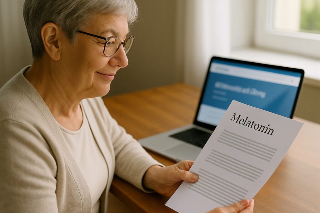 Senior woman reading melatonin research at home.