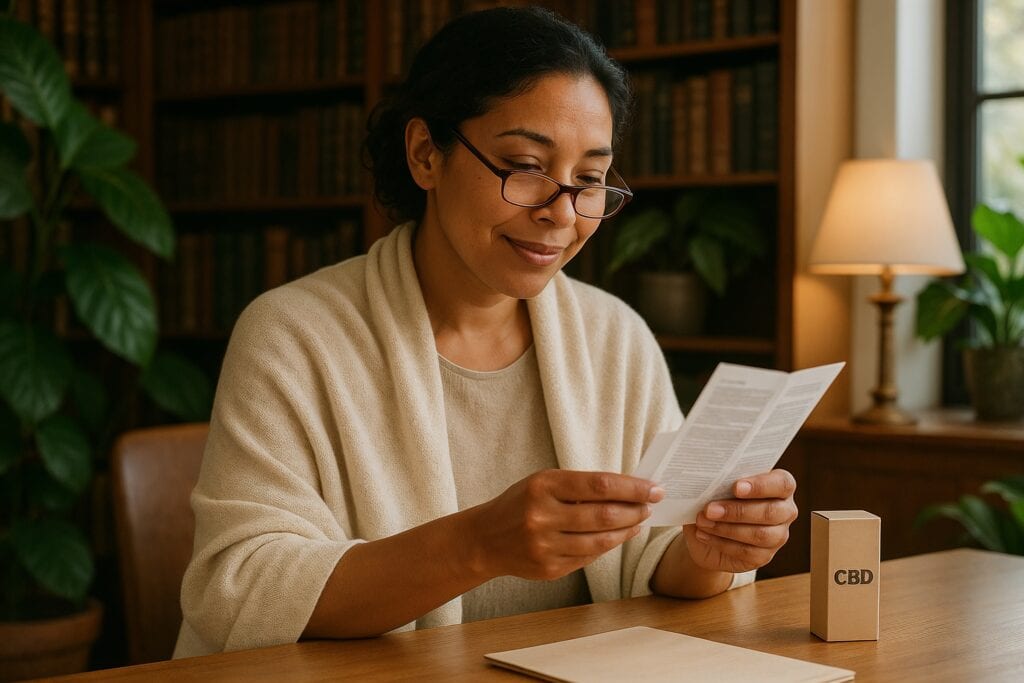 Older woman with glasses reading a pamphlet at a desk, with a CBD box and plants in a cozy home study.