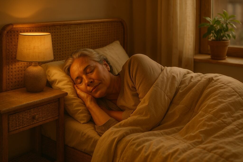 Older woman peacefully sleeping in a cozy bedroom with warm lighting and soft bedding