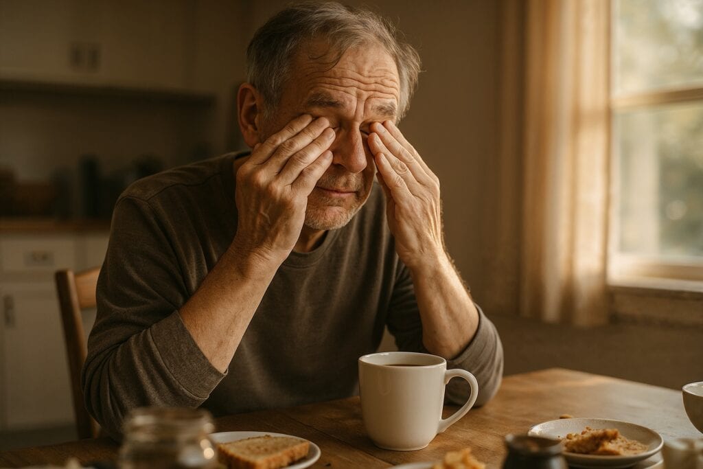 Tired older man rubbing his eyes at the breakfast table