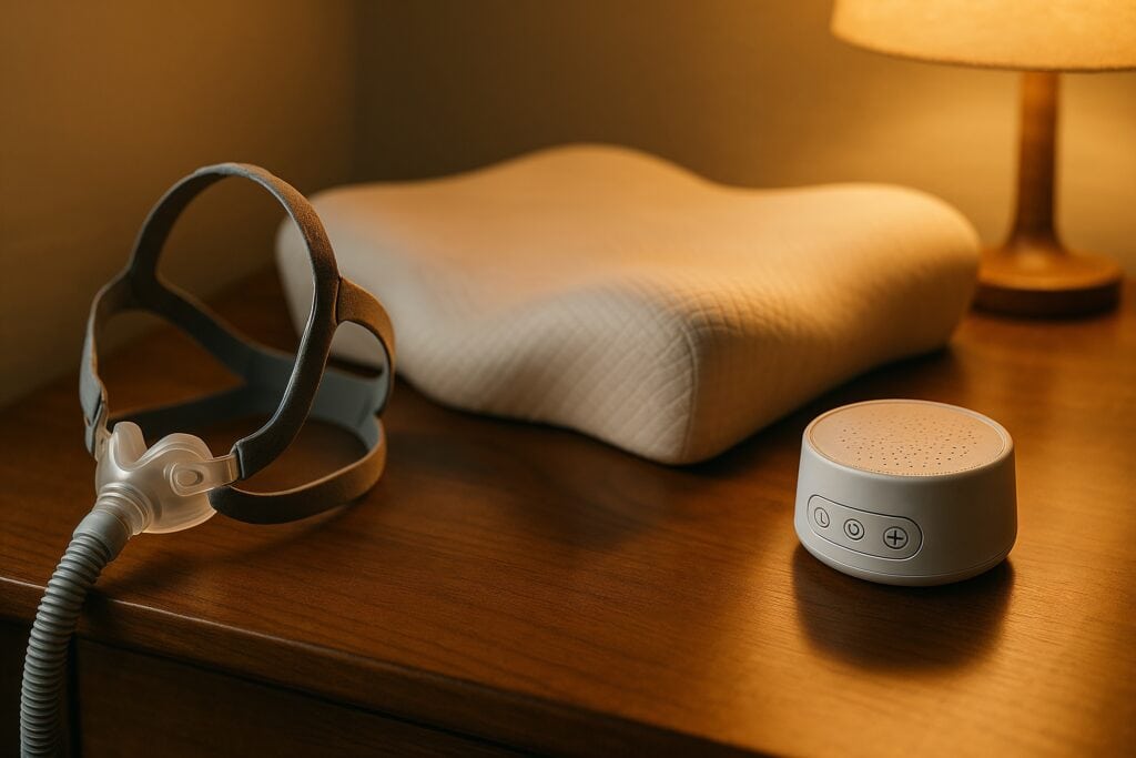 CPAP mask, memory foam pillow, and white noise machine on a bedside table in warm lighting.