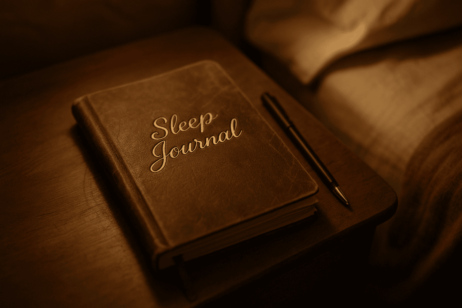 A sleep journal sits on a bedside nightstand.