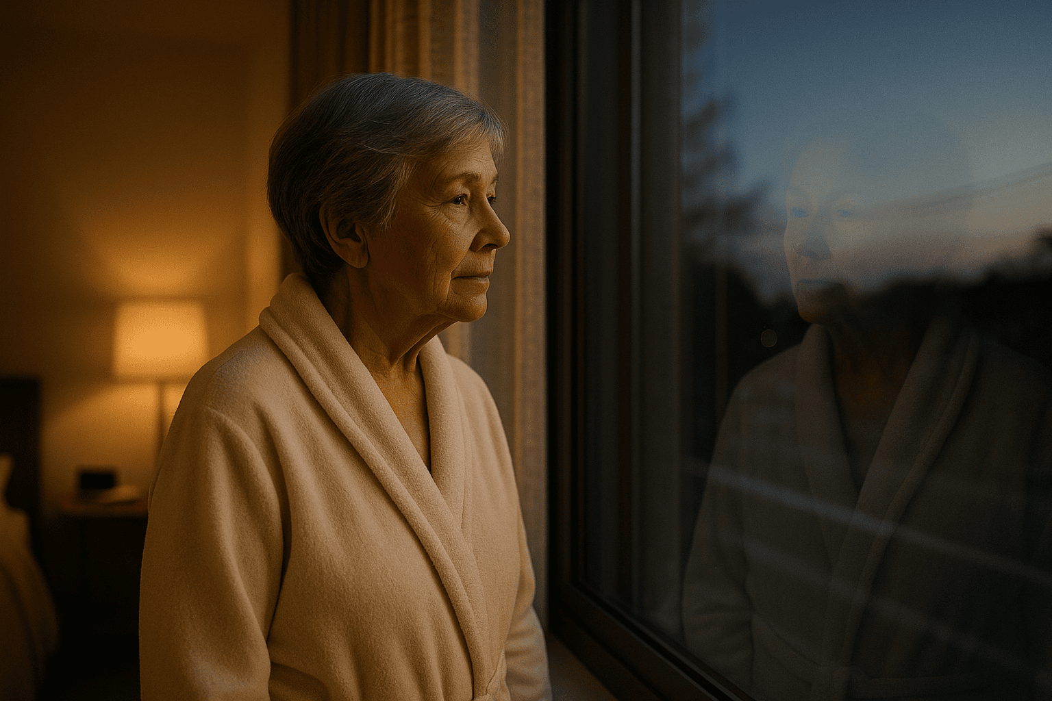 Senior woman in a robe gazing out a window at predawn, her reflection visible in the glass.