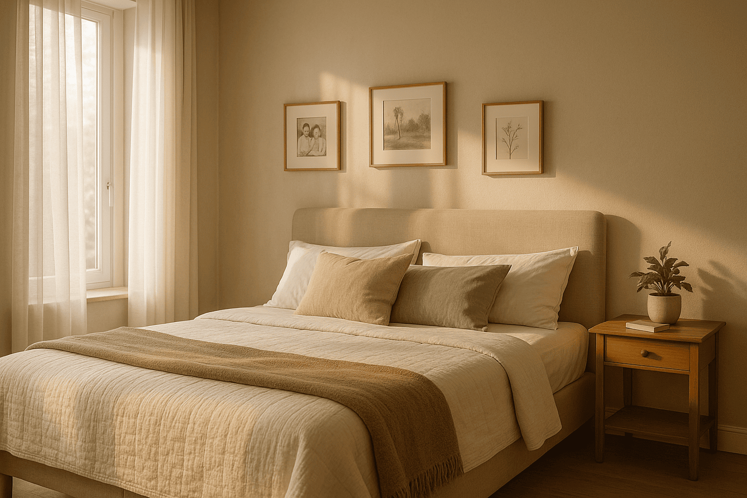 Cozy senior bedroom with morning sunlight streaming through open curtains onto a neatly made bed.