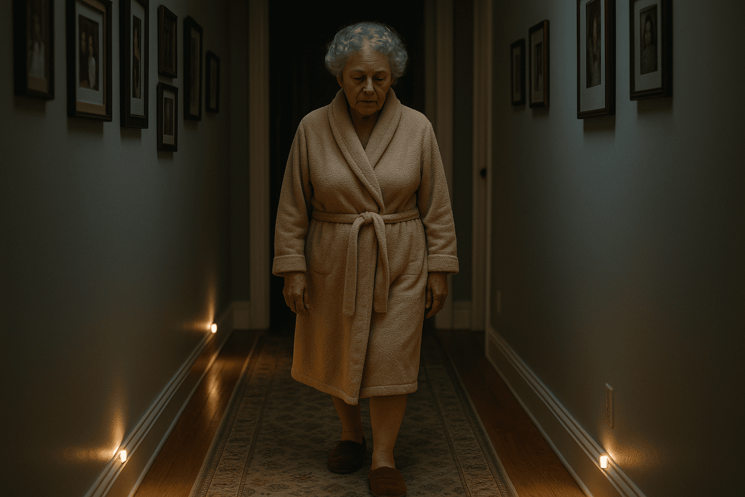 Senior woman walking down a dim hallway at predawn, night-lights glowing along the floor.