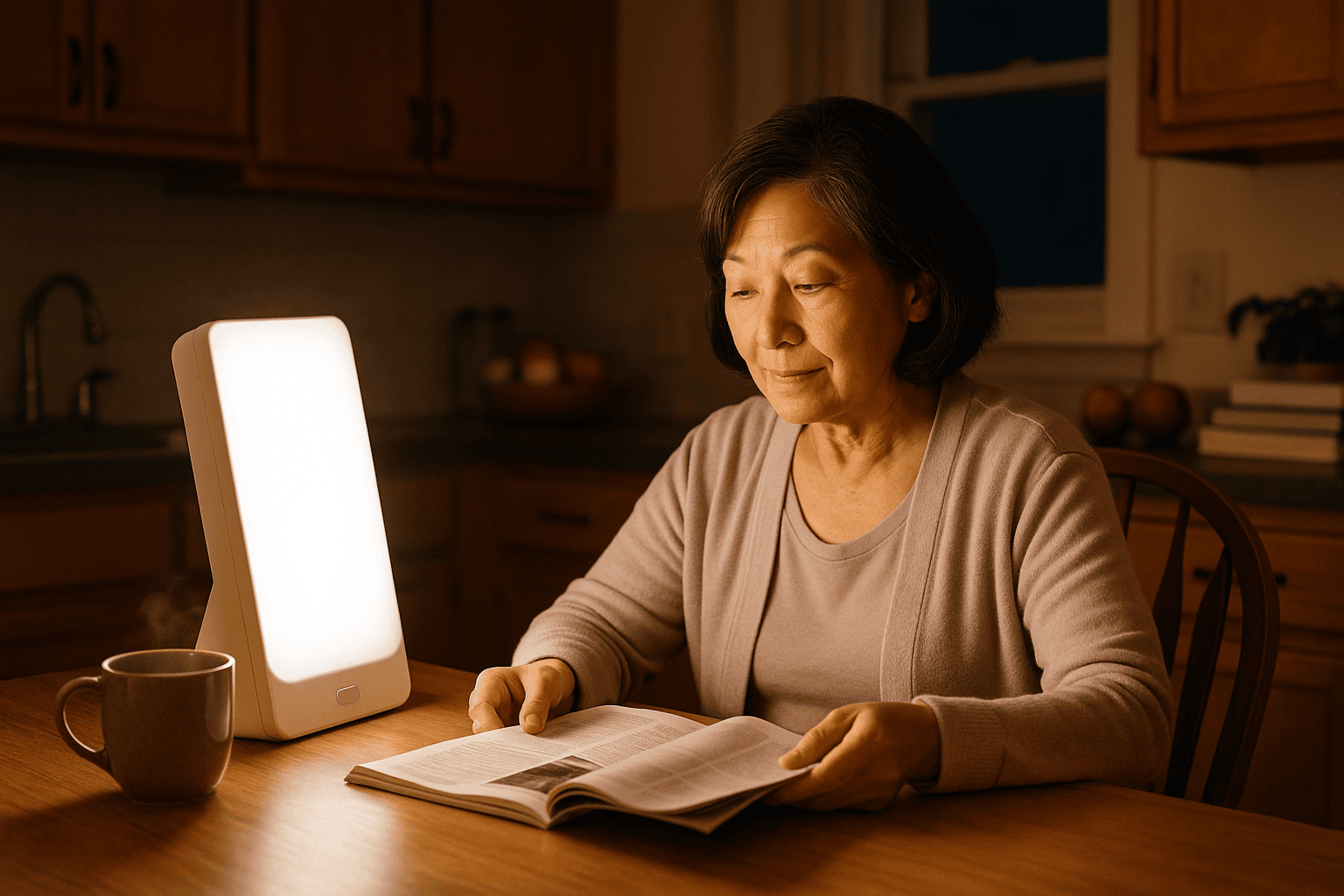 Senior woman using a light therapy box at her kitchen table in the evening, reading a magazine.