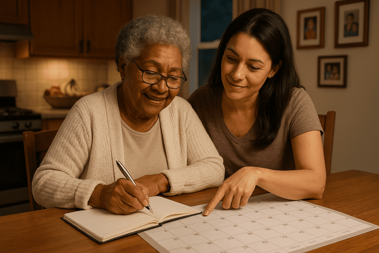 Senior woman and her adult daughter planning a routine together at the kitchen table in the evening.