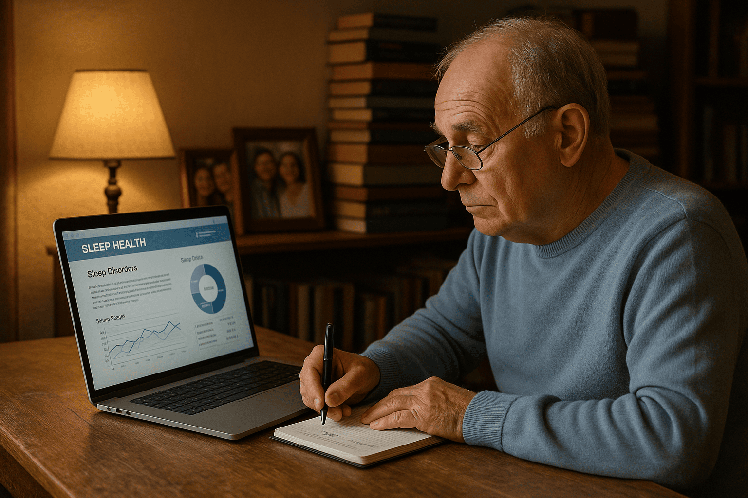 Senior man researching sleep health on a laptop and taking notes at his desk.