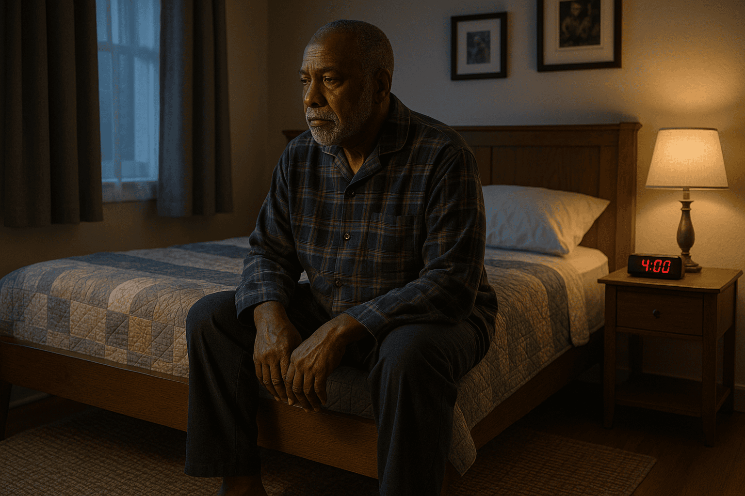 Senior man awake at 4 AM sitting on the edge of his bed, digital clock glowing, with realistic bedroom decor and faint predawn light.
