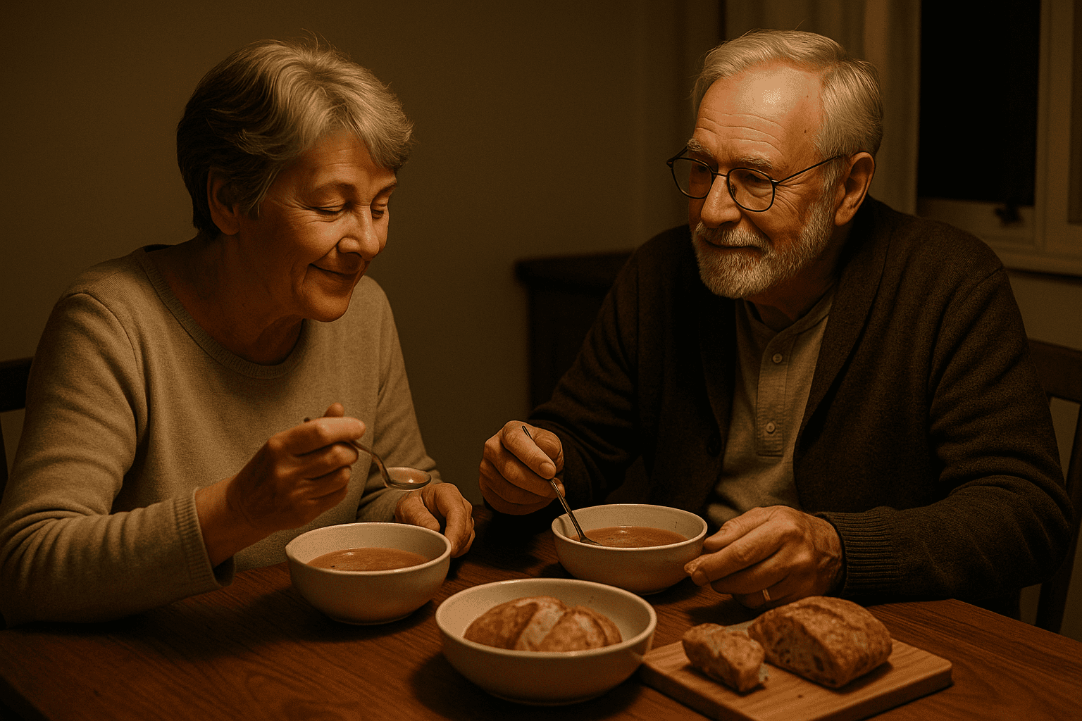 Senior couple enjoys a light meal at dinner time